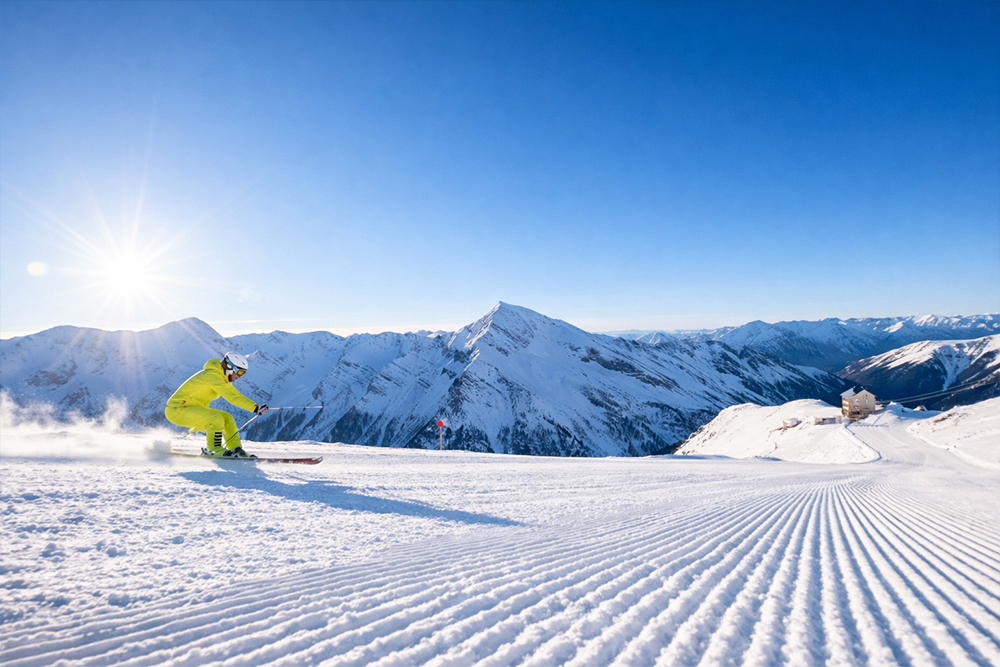 Skifahrer auf präparierter Piste vor verschneiten Bergen